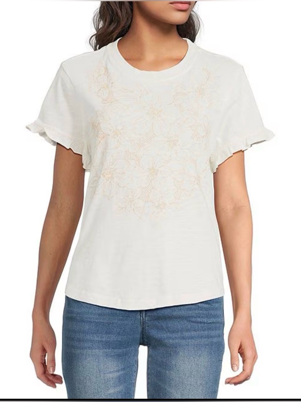 NWT. Democracy Ivory Embroidered Crew Neck Tee / Top. Size Petite M